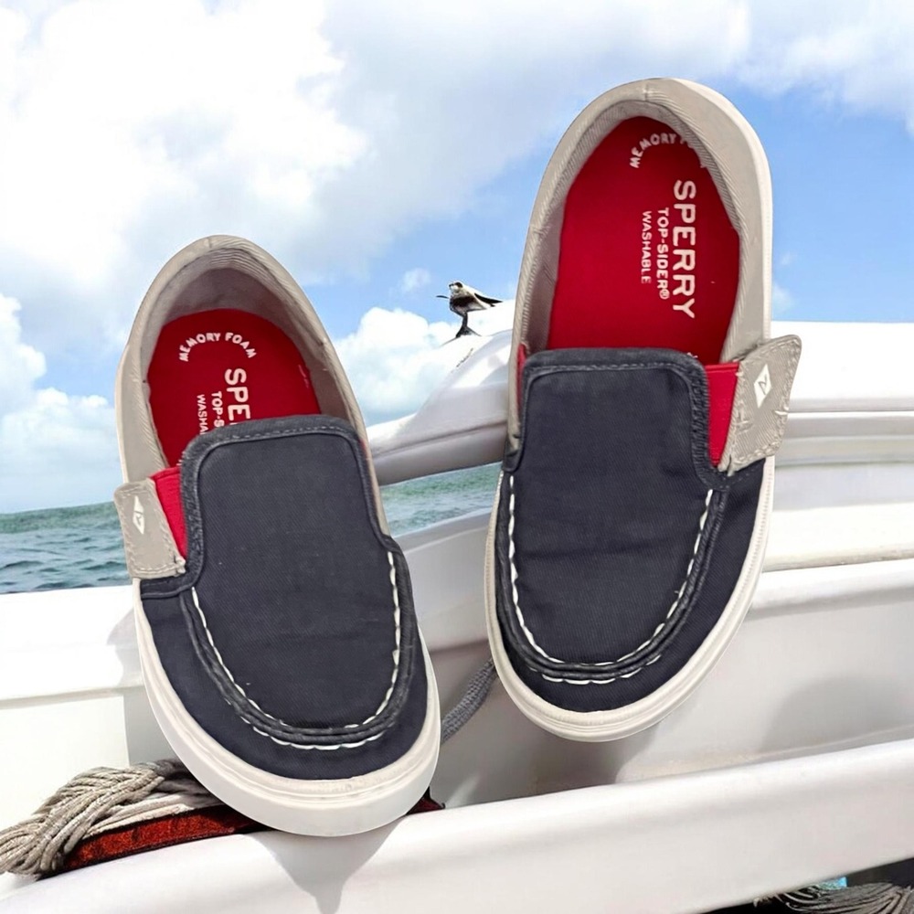 Sperry Top-Sider Salty Jr Washable Navy Grey Red Boat Shoes Boys Sneakers Sz 9 M